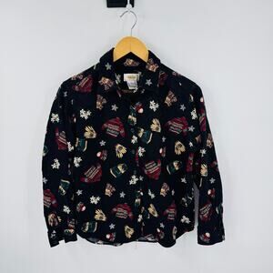 Vintage Talbots Petite Black Corduroy Winter Sweater Print Button-Down Size P